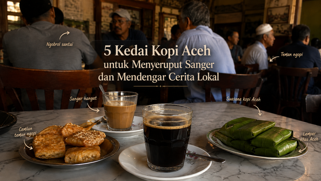 Suasana kedai kopi Aceh tradisional dengan kopi sanger