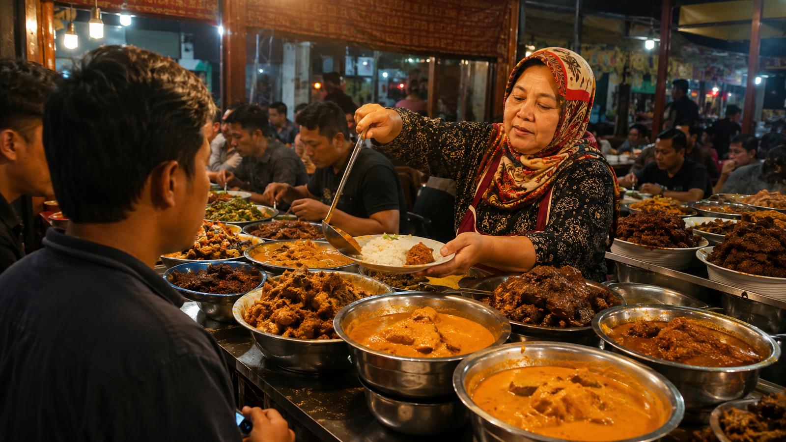 hidangan nasi kapau Bukittinggi lengkap dengan gulai dan rendang