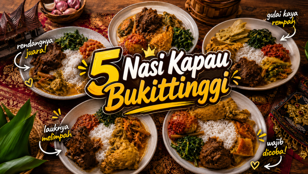nasi kapau Bukittinggi dengan gulai dan rendang kaya rempah