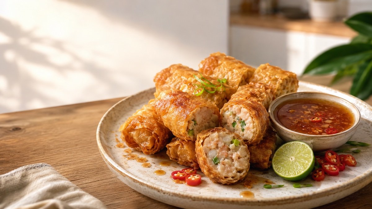 Gohyong ayam udang renyah dengan saus asam manis