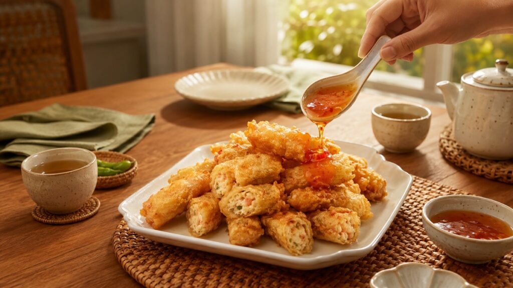 Gohyong ayam udang renyah disiram saus asam manis