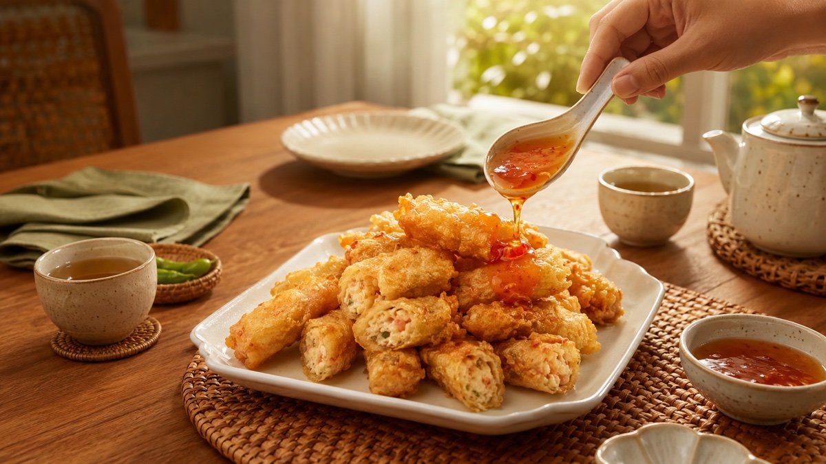 Gohyong ayam udang renyah disiram saus asam manis