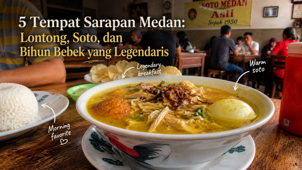 Suasana kedai sarapan khas Medan dengan meja dan kursi kayu