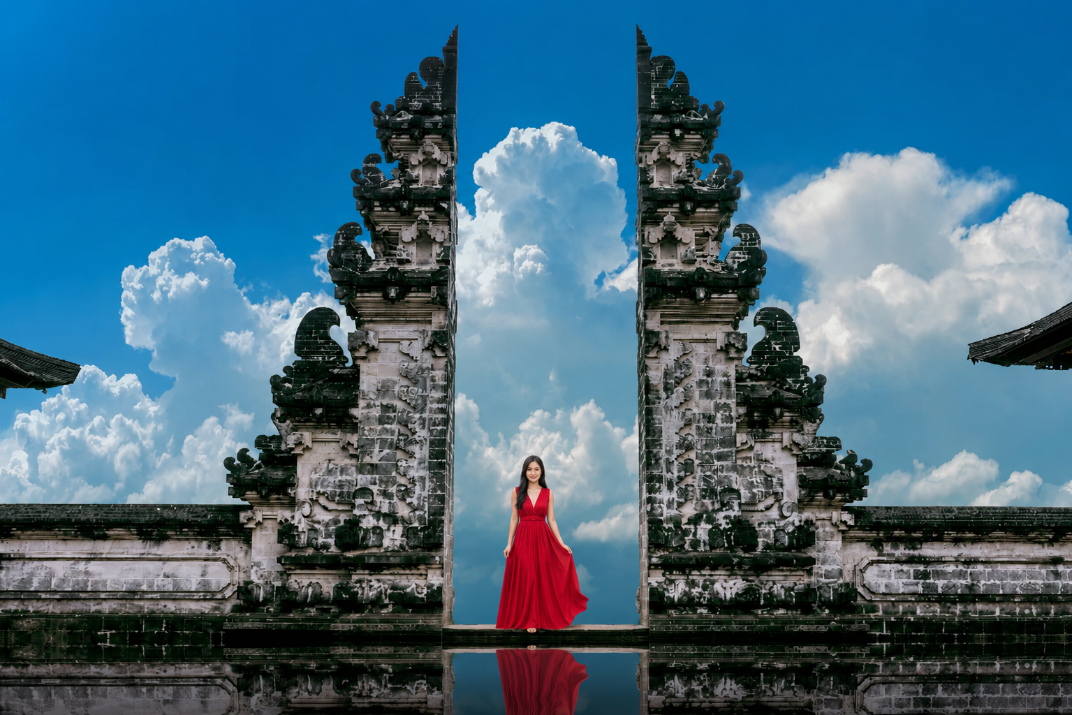 Lempuyang Temple gate with dramatic clouds in East Bali, Bali