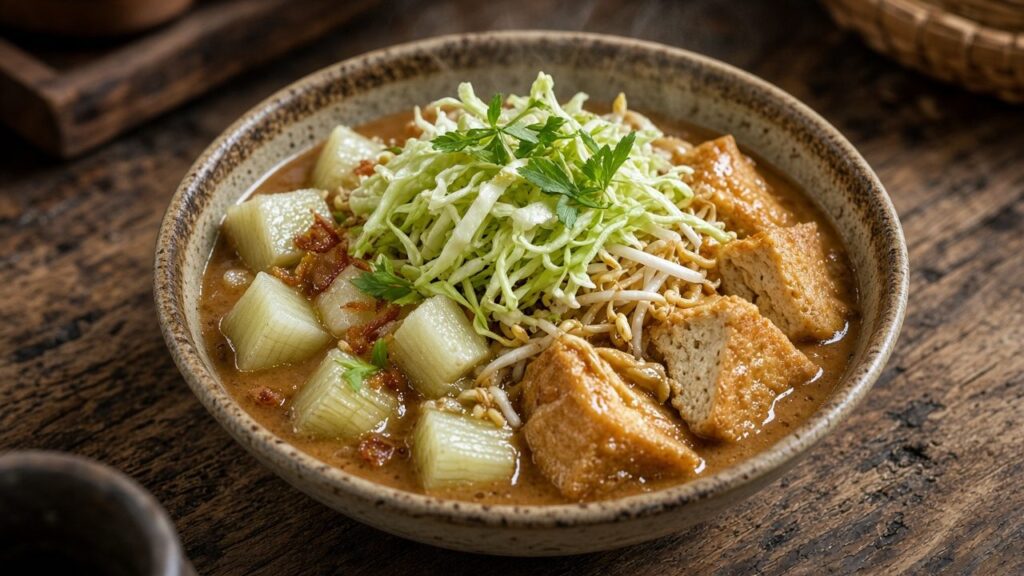 Close-up Kupat Tahu Pojok Magelang — tahu goreng, kol rebus, seledri segar, bumbu kacang encer