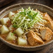 Close-up Kupat Tahu Pojok Magelang — tahu goreng, kol rebus, seledri segar, bumbu kacang encer