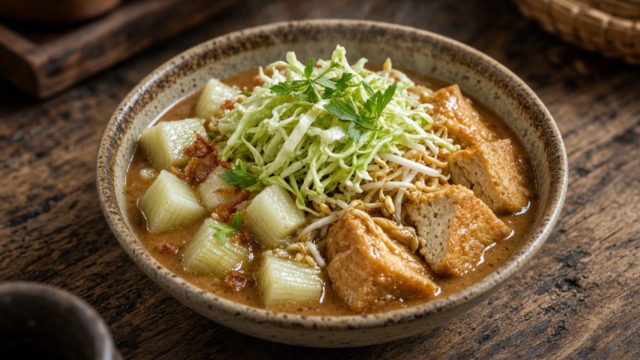 Close-up Kupat Tahu Pojok Magelang — tahu goreng, kol rebus, seledri segar, bumbu kacang encer
