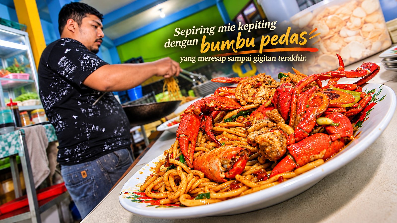 Ilustrasi juru masak menata mie Aceh kepiting dengan bumbu pedas di dapur