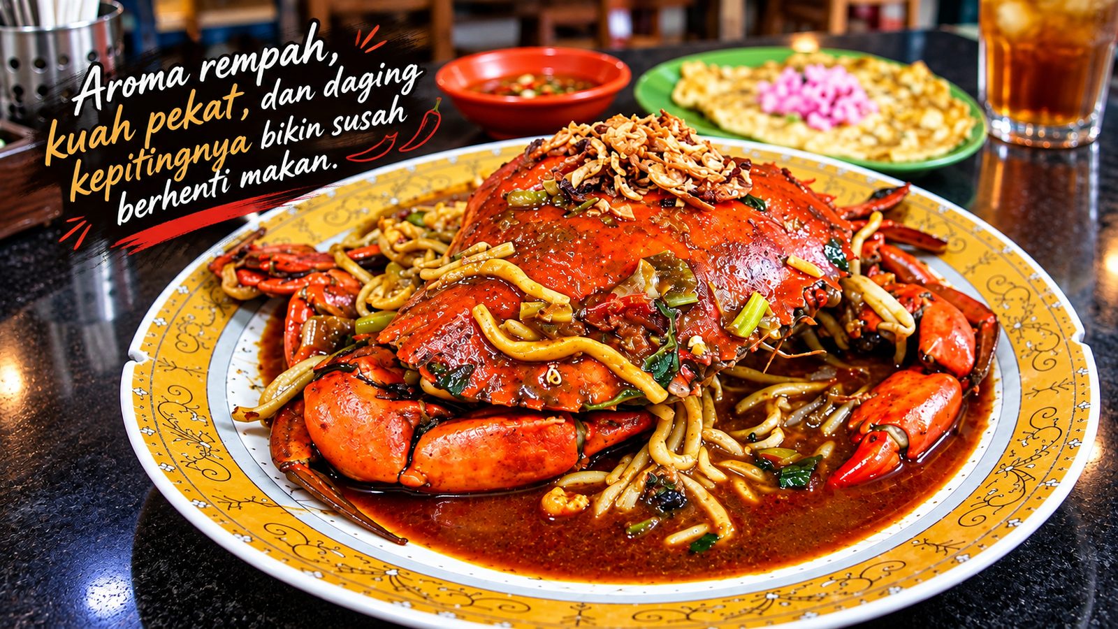Ilustrasi mie Aceh kepiting dengan kuah kental berempah di piring bermotif