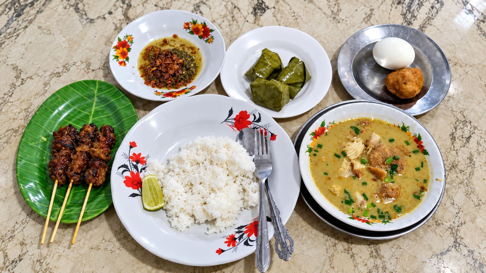 Sajian berkuah dengan nasi dan pendamping di meja