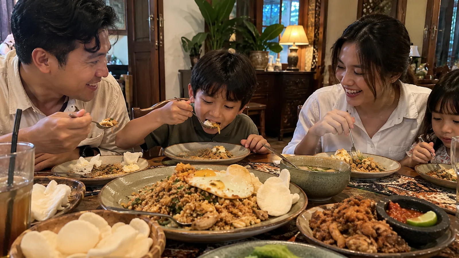 Keluarga makan bersama di rumah setelah jalan-jalan di Jogja